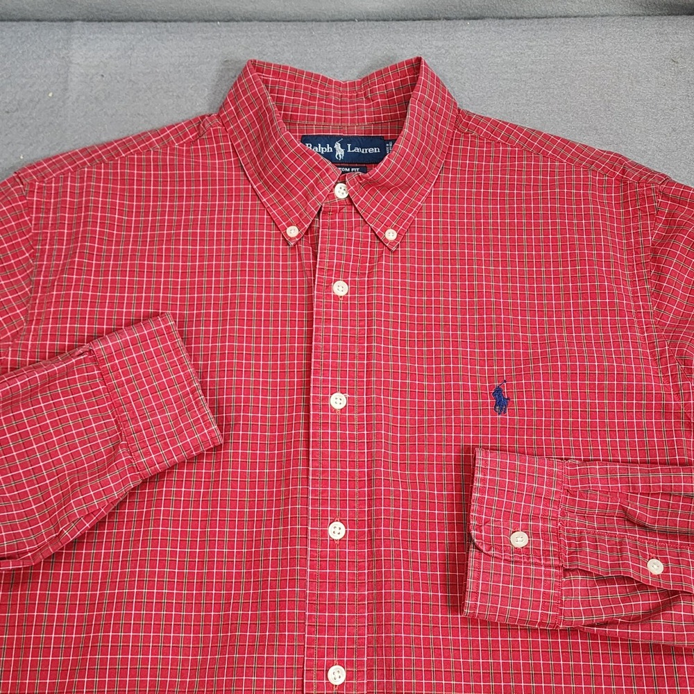 Ralph Lauren Button Down Shirt Red Plaid Custom Fit Mens‎ XL Long Sleeve